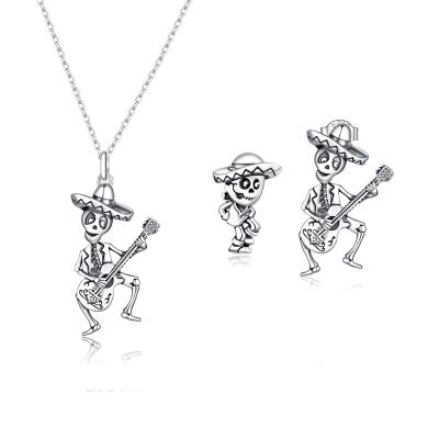 China Vintage Halloween Skull Men's 45cmNecklace Earrings Set Sterling Silver Jewelry Set of 2 Pieces for Pandora Halloween Jewelry for sale