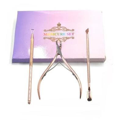 China Finger Rose Gold Nail Clippers Set Cuticle Remover Stainless Steel Nail Tweezer Hard Cuticle Pusher Set for sale