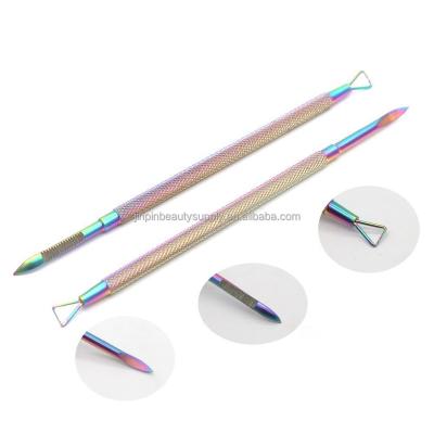 China Nail Cuticle Pusher Remover Professional Colorful 3 in 1 Stainless Steel Manicure Cuticle Nail Peeling Dead Skin Nail To Remove Nail Dirt Cuticle Pusher for sale