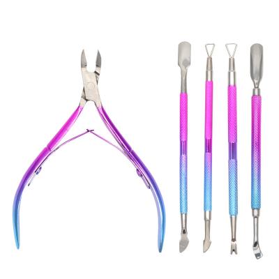 China Wholesale Finger Gradient Color 4 Pcs Nail Cuticle Nipper Set Cuticle Remover Stainless Steel Nail Tool Nipper Pusher Set for sale