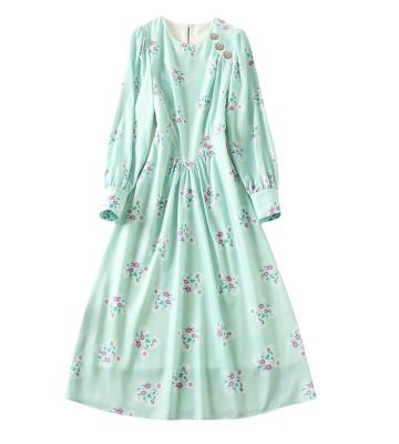 China Autumn Women Dress Round Neck Floral Print Anti-Static Slim Fit Puffy Sleeve Long Dress for sale