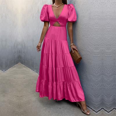 China Women Maxi Beach Dress Sexy Anti-static V-Neck Cut Waist Backless Puffy Short Sleeve Ruffle Skirt Long for sale