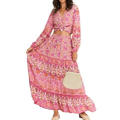 China Breathable Fashionable Bohemian Floral Print Boho Summer Style Two Piece Beach Clothing Set for sale