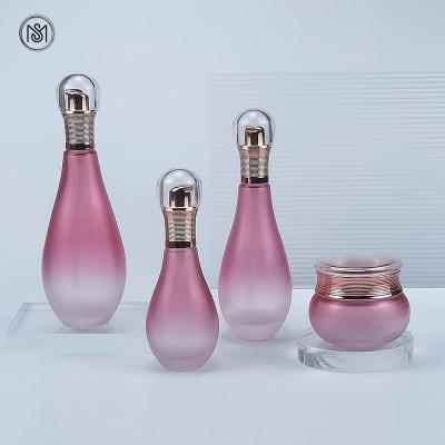 China 50G 60ML 120ML 150ML Cosmetic High Quality Bowling Ball Shape Lotion Pump Glass Bottle Pink Spray Glass Bottle And Jars Packaging Set for sale