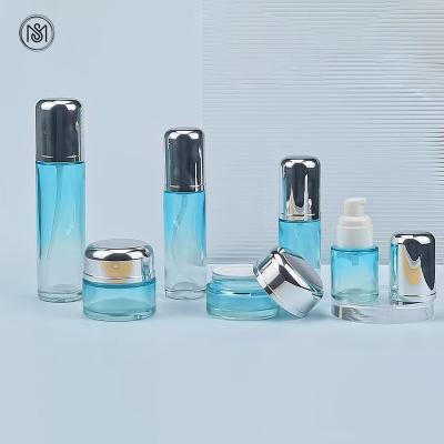 China Factory price 30g 50g 20ml 30ml 40ml 50ml 60ml 80ml 100ml 120ml cosmetic blue glass pump bottle jar serum lotion cosmetic packaging set for sale