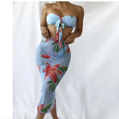 China Breathable New tropical print 3pcs set long dress sexy strapless bikini bandeau swimwear for sale