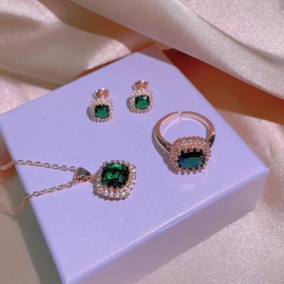 China High Quality Shiny Rhinestone Emerald Gem Necklace Earrings Ring Jewelry Imitation Wedding Party FASHIONABLE Women 4PCS Set for sale