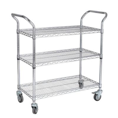 China Standing Type Chrome Plated Metal Trolley Wire Mesh Shelving Rack with Wheels and Handle for sale