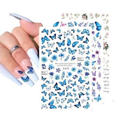 China Holographic Art Nail Butterflies Manicure Blue Black Decals Spring Theme Trendy Flowers Nail Stickers for sale