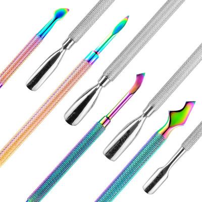 China Professional Foot Care Set Nail Tools Double-Finished Stainless Steel Chameleon Rainbow Remover Nail Cuticle Pusher Other for sale