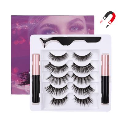 China Hot Sale Natural Long Eyelash 2 Eyeliner Purple Packaging 5 Magnetic 5 Pairs Eyelashes Kit With Tweezers for sale