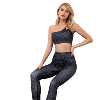 China Sustainable 2022 Women 2 Piece Leopard Fitness Yoga Wear Clothes Jumpsuit High Waist Workout Seamless One Shoulder Leggings Yoga Sets for sale