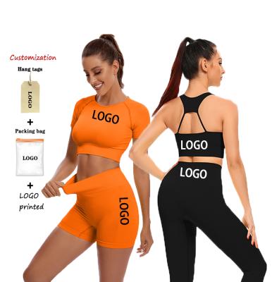 China 5PCS Women's High Waist Soft Breathable Relieve Fitness Exercise Crop Top And Shorts Seamless Ribbed Gym Activewear for sale