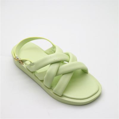 China Fashion Avocado Green Macaroon Color Ins Style Thick Bandage PU Sandals Women Summer Leather Flat Sandals for sale