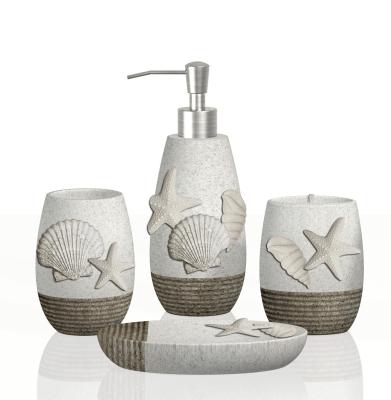 China Sustainable Sea Shell Style Polyresin Bathroom Accessories Set Of 4 Pcs Bathroom Sets for sale