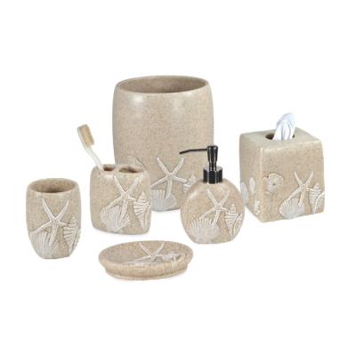 China Sandstone Sustainable Sea Shell Effect Resin Bathroom Accessories Set With Toothbrush Holder for sale