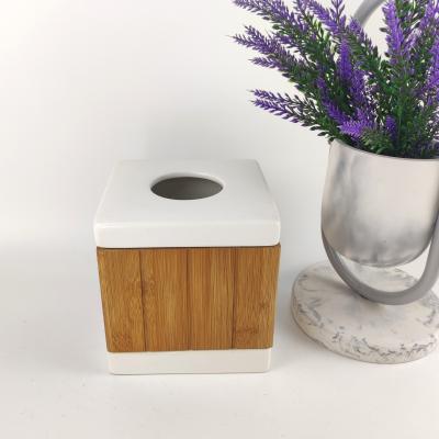 China Rectangular Bamboo Tissue Wood Ceramic Box Eco-Friendly Natural Sustainable Living For Wholesale Bathroom Accessories for sale