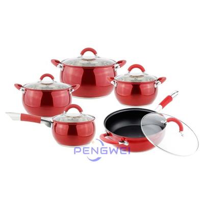 China Viable Wholesale Stainless Steel 12 Pcs Red Kitchen Skillet Casserole Pot And Pan Non Stick Cookware Set Induction Cookware Set for sale