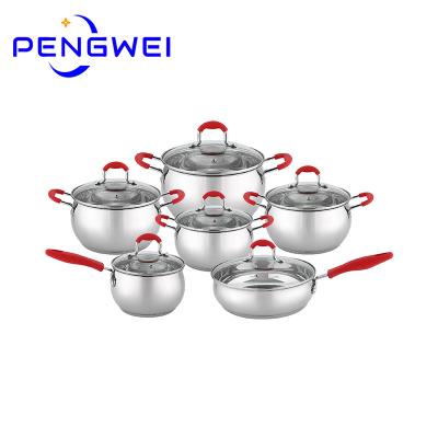 China 12pcs Viable Belly Shape Cooking Pots and Pans Frying Pan Stainless Steel Nonstick Kitchen Cookware Set with Glass Lid for sale