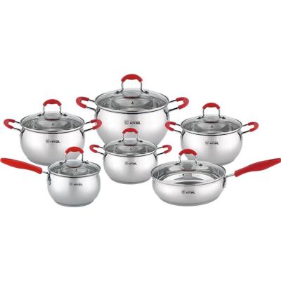 China Sustainable 12pcs cookware set red silicon handle apple shape with roll stainless steel edge customized camping kitchenware set for sale