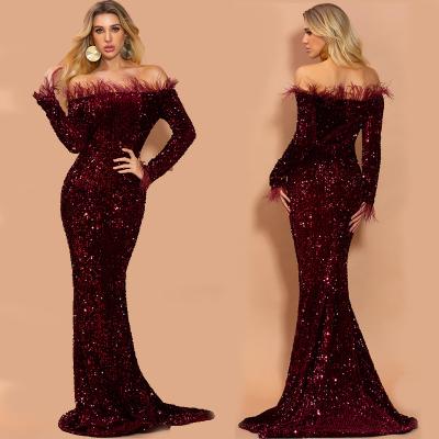 China Anti-Static Off The Shoulder Feather Sleeve Mermaid Sequins Long Dresses Dress Luxury Long Even Dress for sale