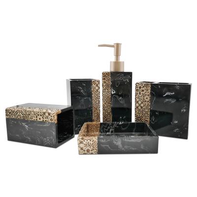 China Modern Design High Quality Viable Home Decor 5 PCS Black Marble Gold Resin Bathroom Accessories Set for sale