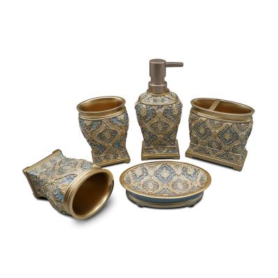 China Viable Home Direct Luxury Design Vintage Factory Gold Resin Baroque Bathroom Accessories Set 5 PCS for sale