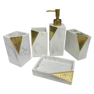 China Sustainable High Quality Bathroom Accessories Set Matte White 5PCS Gold Bathroom Accessory Resin for sale