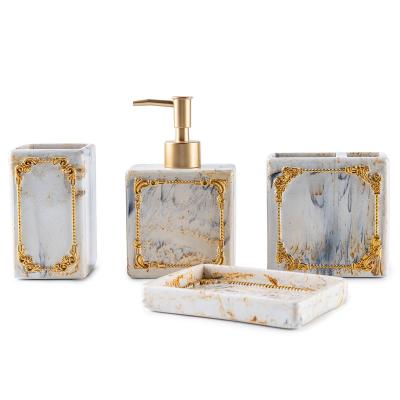 China Sustainable New Arrivals 4 PCS Glossy White Marble Bathroom Accessories Set Gold Bathroom Accessory for sale