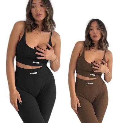 China 2022 Breathable Drop Shipping New Women Black Crop Top Custom Clothing Sport Tracksuit Lounge Wear Two Piece Sports Bra And Leggings Set Woman for sale