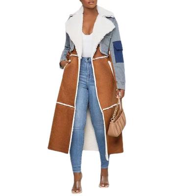 China Breathable Faux Wool Fur Patchwork Denim Lattice Jacket Women Suede Denim Collar Long Jacket Outerwear for sale