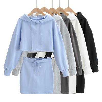 China New Women's Apparel Logo Cotton Breathable High Quality Custom Culture Casual French Terry Top Hoodie With Skirt Sets for sale