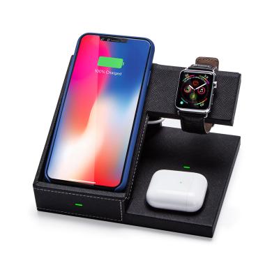 China For Mobile Phone Leather Qi 10W CPU 3 in 1 Mobile Phone Wireless Charging Station for iphone 12 for sale