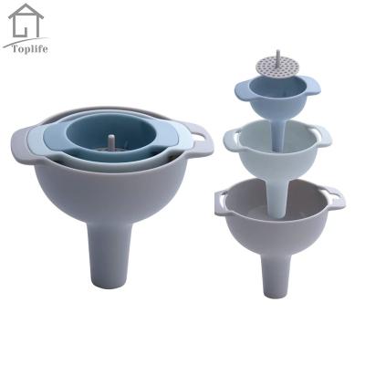 China Sustainable Food Grade Nesting 3pcs Small Plastic Kitchen Oil Funnel Set With Removable Strainer Filter for sale