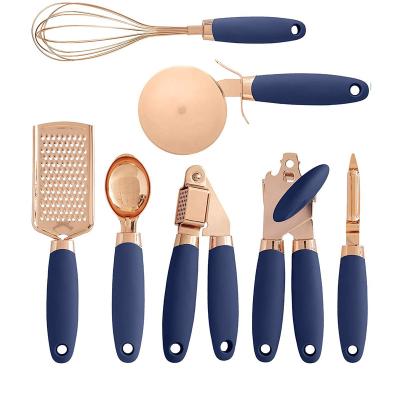 China Sustainable 7 Pcs Copper Coated Stainless Steel Kitchen Gadgets Utensils Tool Kit With Soft Touch Handles for sale