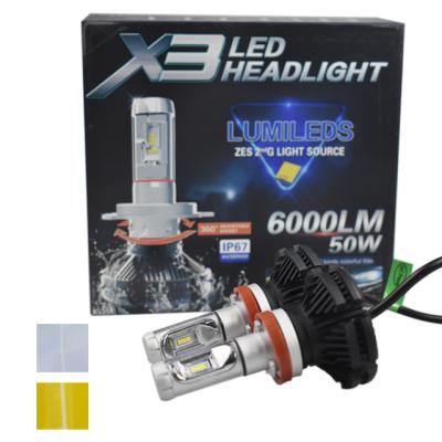 China Factory direct sale car headlightX3 LED h4 h7 h119005 9006COB aluminum chip lighting system 25w8000lm waterproof suitable for all cars for sale