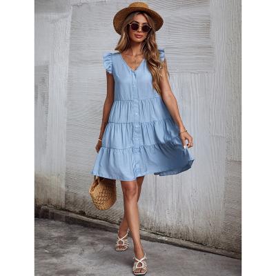 China SHEIN Factory Summer Anti-Static Ruffle Pleated Sky Blue Flare Sleeve Women Short One-Line Dress for sale