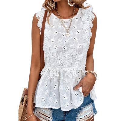 China Anti-pilling Shein Eyelet Embroidery Ruffle Edge Women Blouse for sale