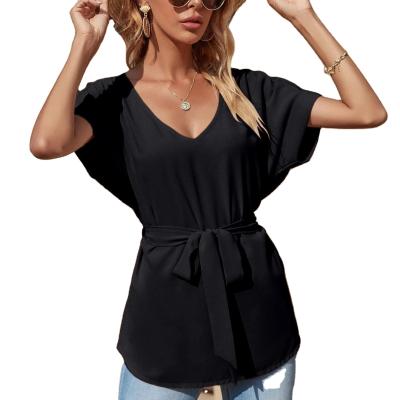 China Shein Blouse Casual V-neck Anti-pilling Belted Hot Women Factory Sale Solid Color Blouses And Tops Shirt/Blouse For Women Floral Pattern for sale