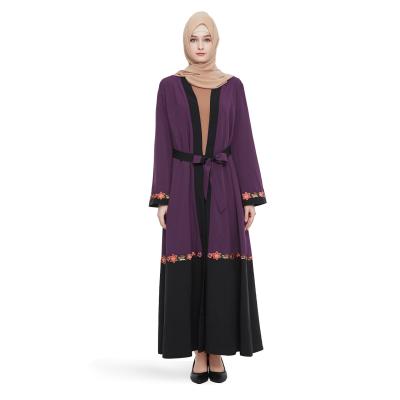 China New Arrival Cotton Crepe Fashion Embroidery Islamic Clothing High Quality Elegant Soft Kimono Abaya With Belt Front Open Abaya for sale