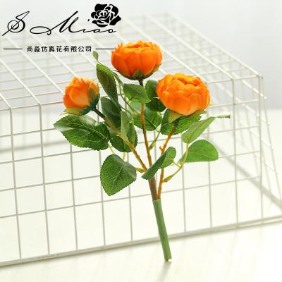 China Small Tea Rose Simulation Plant Home TV Branch Three Branch Simulation Potted Plant Short Spike Cabinet Desktop Decoration for sale