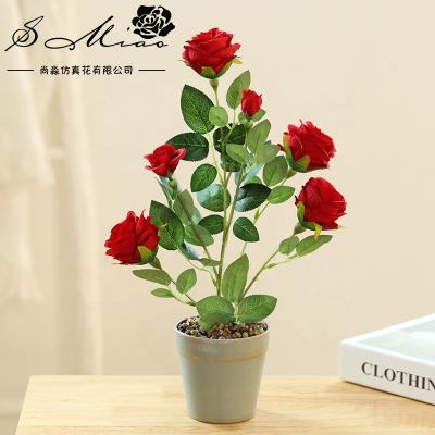 China Art Decor High Quality Artificial Rose Tree And Pot Gray Plastic Bonsai Home Decor for sale