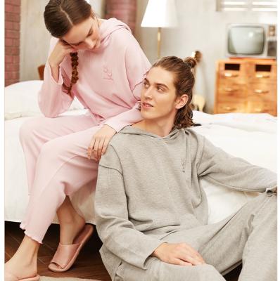 China High Quality Pure Breathable Cotton Breathable Winter Couple Pajamas Long Sleeve Loose Casual Hooded Sweater Suit Comfortable Sleep Home Wear for sale