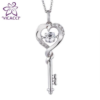 China Elegant Heart Shape Key 925 Sterling Silver Pendant Necklace With Crystal for sale