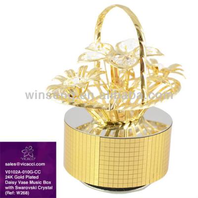 China Europe 24K Gold Plated Daisy Flower Basket Musical Box With Crystals for sale