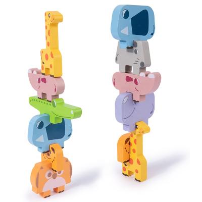 China Toy Children MontessoWooden Balance Blocks Board Games Toy Dinosaur Educational Stacking High Wooden Building Block Animal Toy for sale