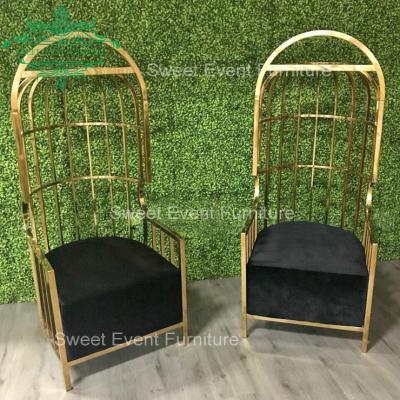 China Hotel Chair Birdcage Metal Gold Back Throne High Wedding Chairs for sale