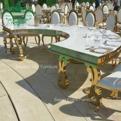 China Latest royal banquet / wedding / party / event design half moon shape wedding table with gold chairs for sale