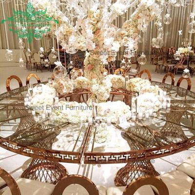 China Hall Furniture Gold Stainless Steel Half Moon Modern Fancy Wedding Dining Table With Clear Glass for sale