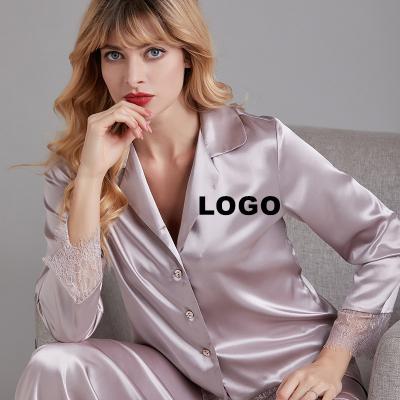 China QUICK DRY Customize Logo Womens Silk Satin Pajamas Set Loungewear Two Piece Womens Sleepwear Pajamas Sets Lace Sleepwear for sale